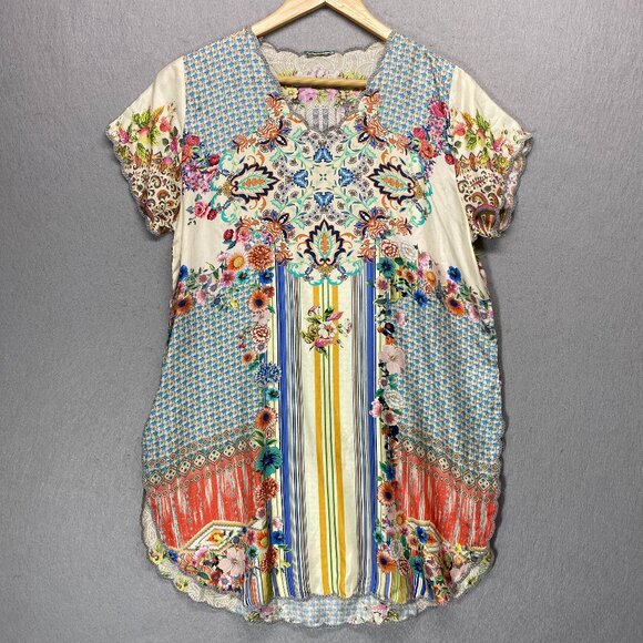Johnny Was Top Womens Medium Silk Tunic Boho Floral Costal Colorful - Picture 1 of 13